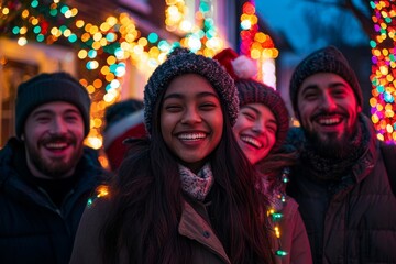 Obraz premium Portrait of a group of friends in front of a house decorated with Christmas lights. They are all laughing and wearing winter coats, Generative AI