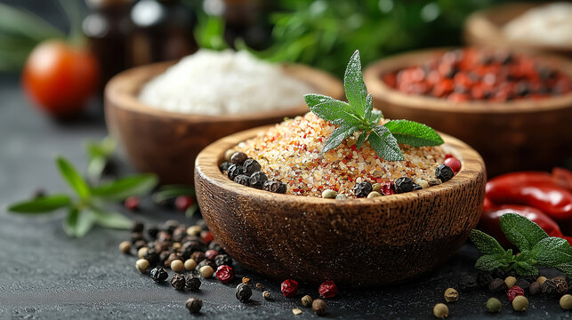 Fresh spices and herbs in wooden bowls arranged on a rustic kitchen countertop with vibrant colors and textures. Generative AI