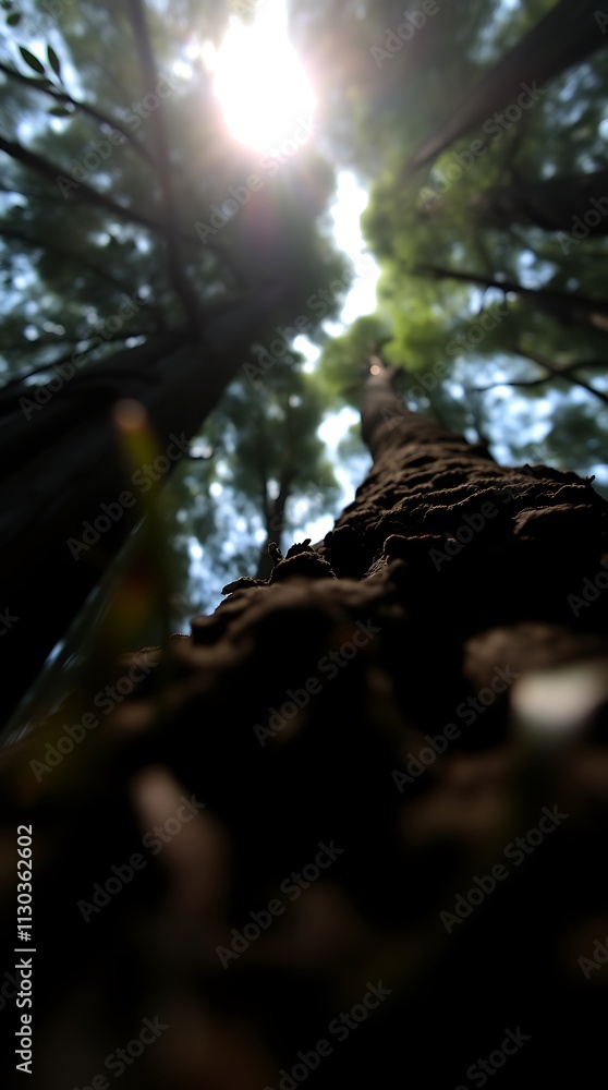 Poster dramatic low angle view of towering trees illuminated by soft light in nature