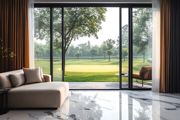 Fototapeta premium Modern living room, golf course view, large windows, beige sofa.