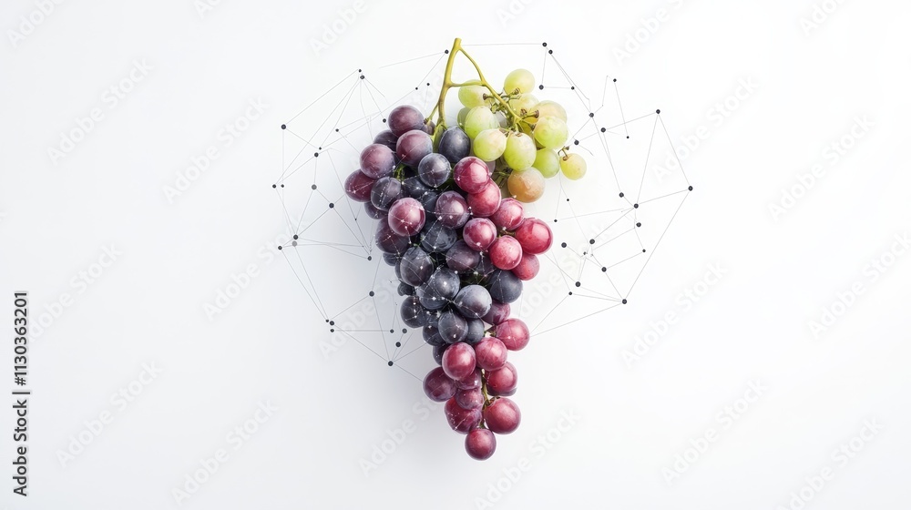 Poster fresh bunch of grapes on a white background with geometric lines representing connection and nature 