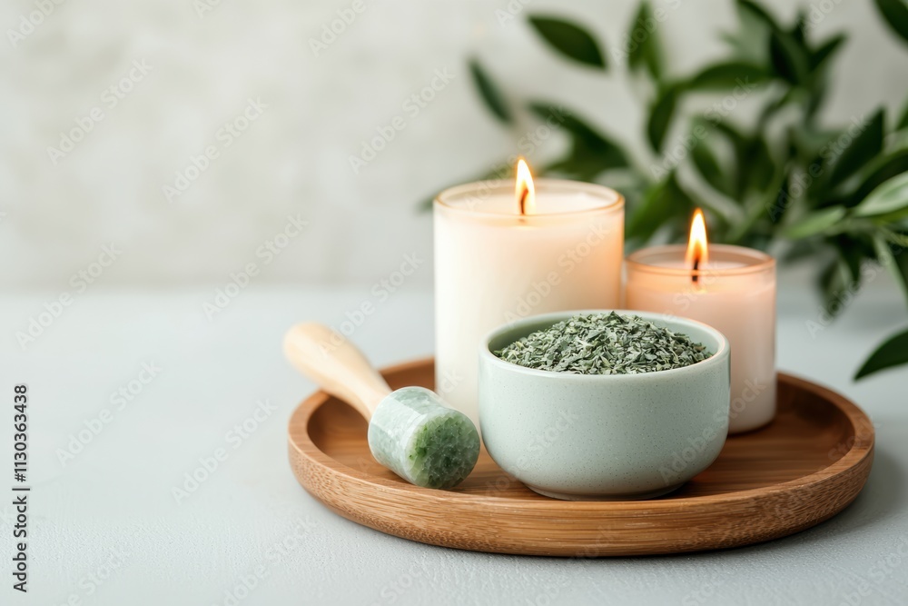 Poster creating a calming atmosphere with burning candles, herbal tea and jade roller