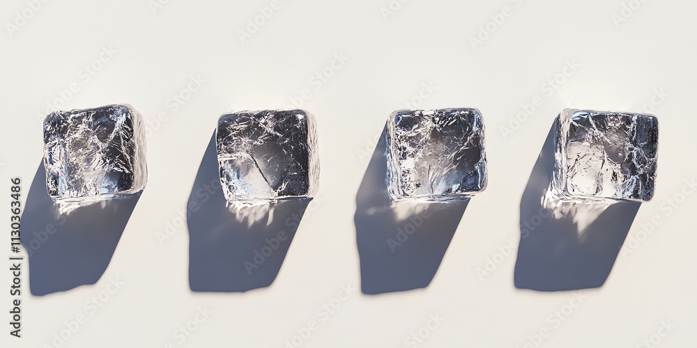 Poster four clear ice cubes arranged in a row with shadows on a white background.