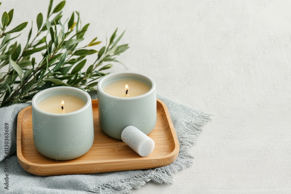 Poster Creating a calming atmosphere with burning candles and a jade roller