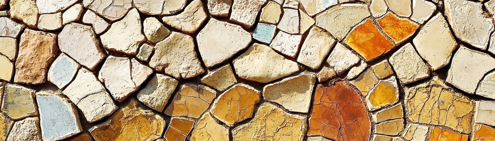 Poster A textured mosaic of irregular stones in earthy tones, featuring a blend of colors and shapes, creating a visually appealing surface.