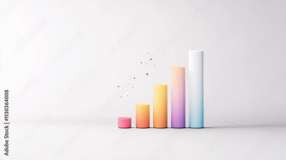 Poster colorful 3d bar chart displaying growth with abstract shapes on white background for business and fi
