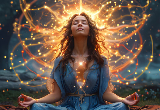 Woman on nature in meditation experiencing magic moment, activation, awakening, enlightenment, samadhi, connection to divine, oneness. Cosmic yoga practice, connection to higher self, love, light.   

