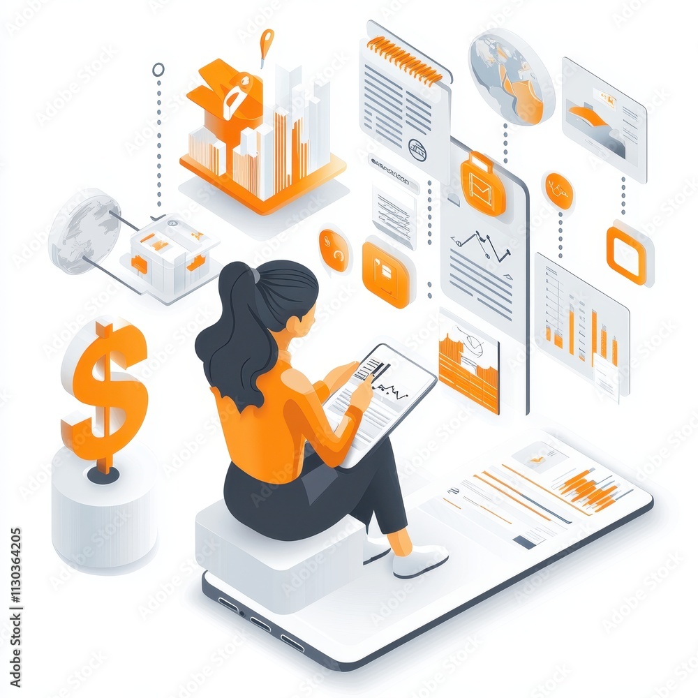 Aufkleber ai -powered financial literacy apps: woman engaged with tablet displaying graphs and data visualizat