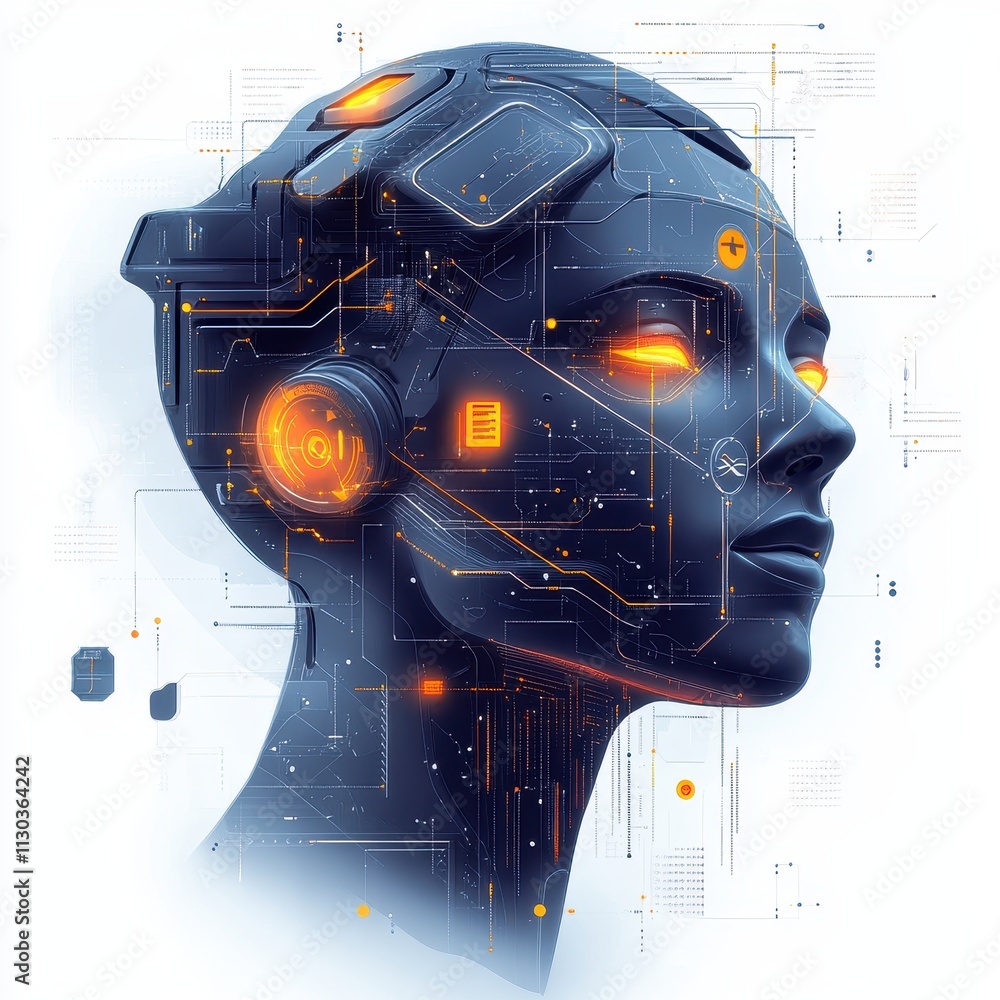 Aufkleber revolutionary ai -powered fintech platforms featuring a futuristic robot head with intricate circuit