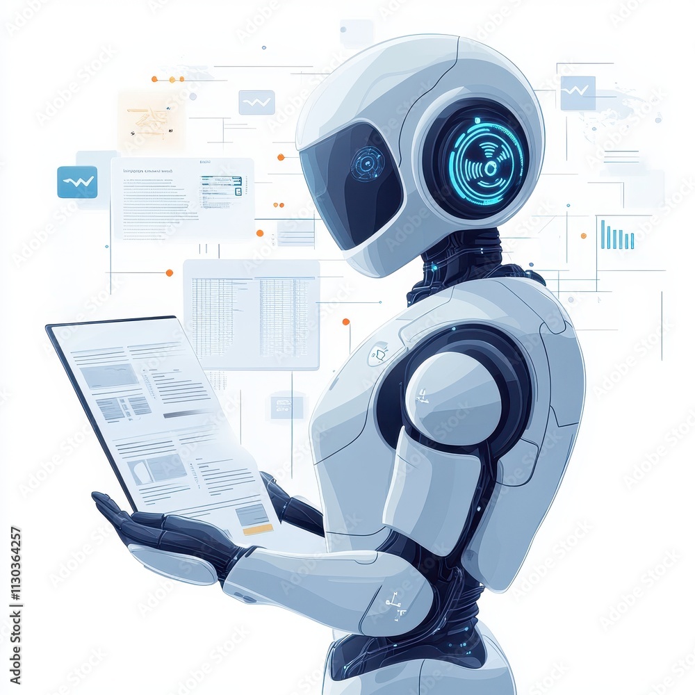 Aufkleber ai -powered loan repayment tracking: a futuristic robot analyzing financial data on a tablet to enha