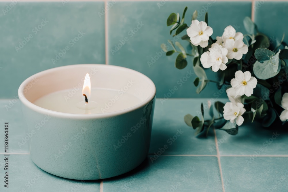 Poster burning aromatherapy candle creating a relaxing atmosphere in a wellness center
