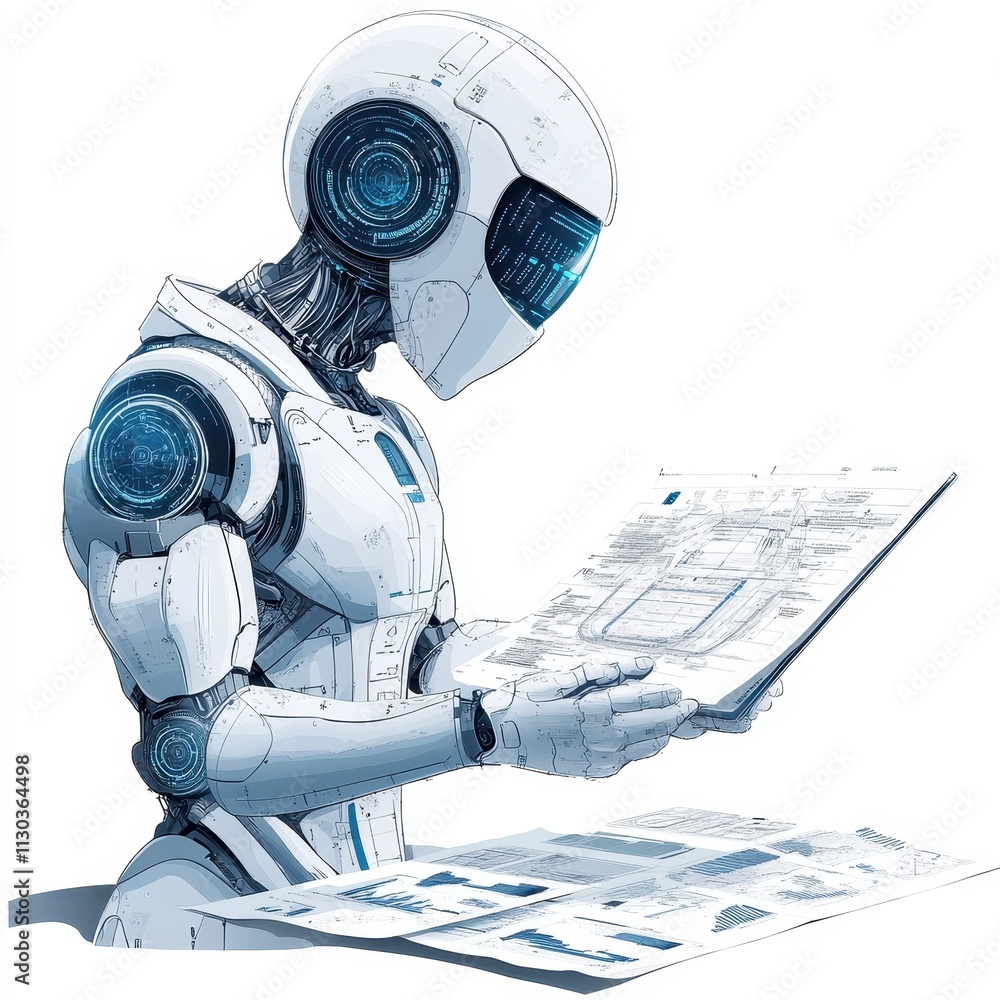 Aufkleber ai -supported regulatory audits: innovative robot performing audits with tablet and laptop, revoluti