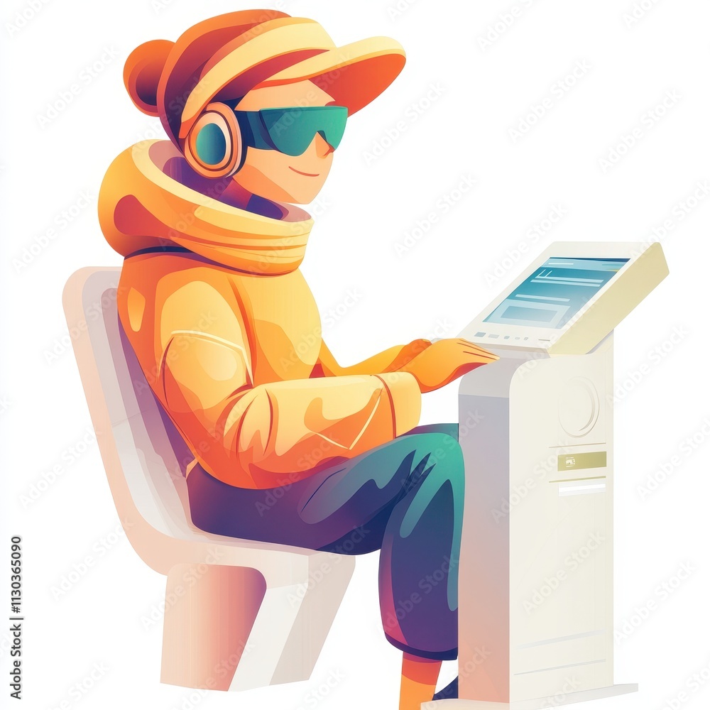 Poster ai virtual teller experience man in yellow jacket sitting on chair using computer in modern banking 