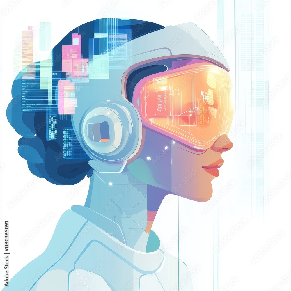 Poster ai virtual teller experience: woman using virtual glasses for interactive banking solutions in futur