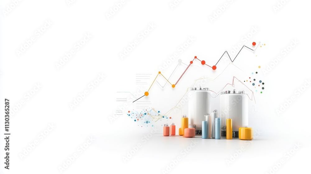 Poster modern industrial design showcasing colorful containers and graphs, illustrating data analysis and m