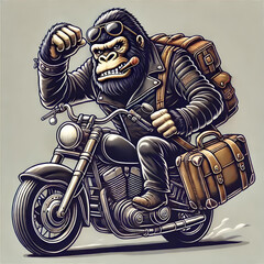 illustration of kingkong riding a motorbike