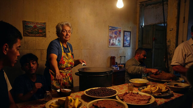 Reuni&oacute;n familiar en una cocina tradicional cubana