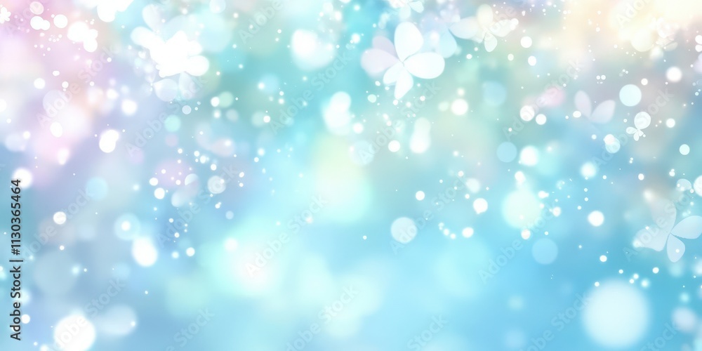 Poster delicate blue background with soft white bokeh and light elements for a serene and dreamy atmosphere