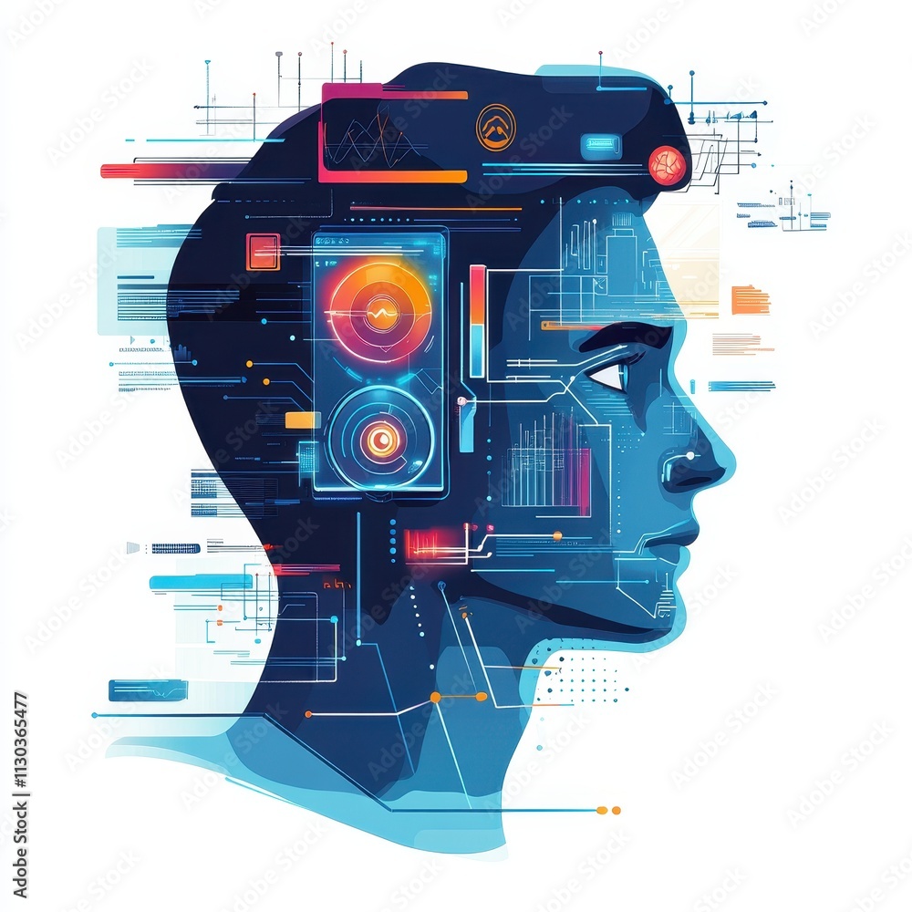 Poster futuristic banking customer ai profiling with man's head and advanced interface technology for marke