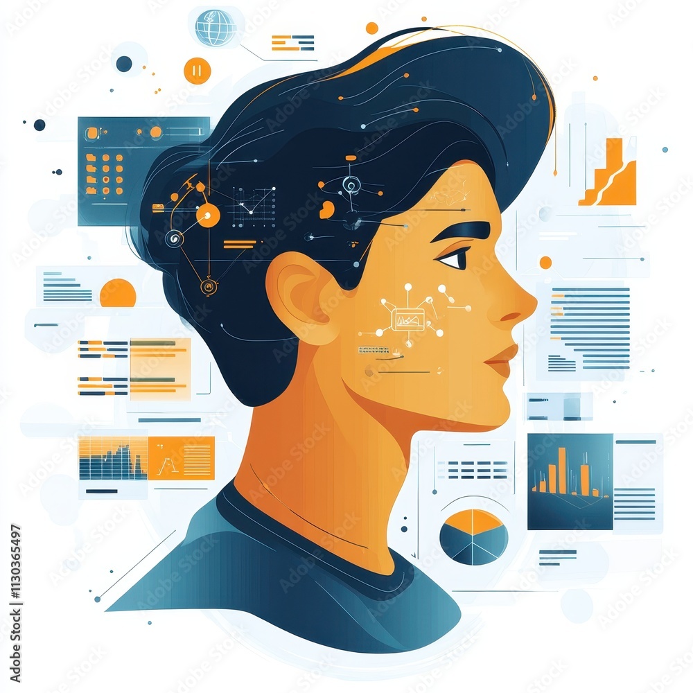 Poster banking customer ai profiling: woman's profile with graphic face and various icons representing data