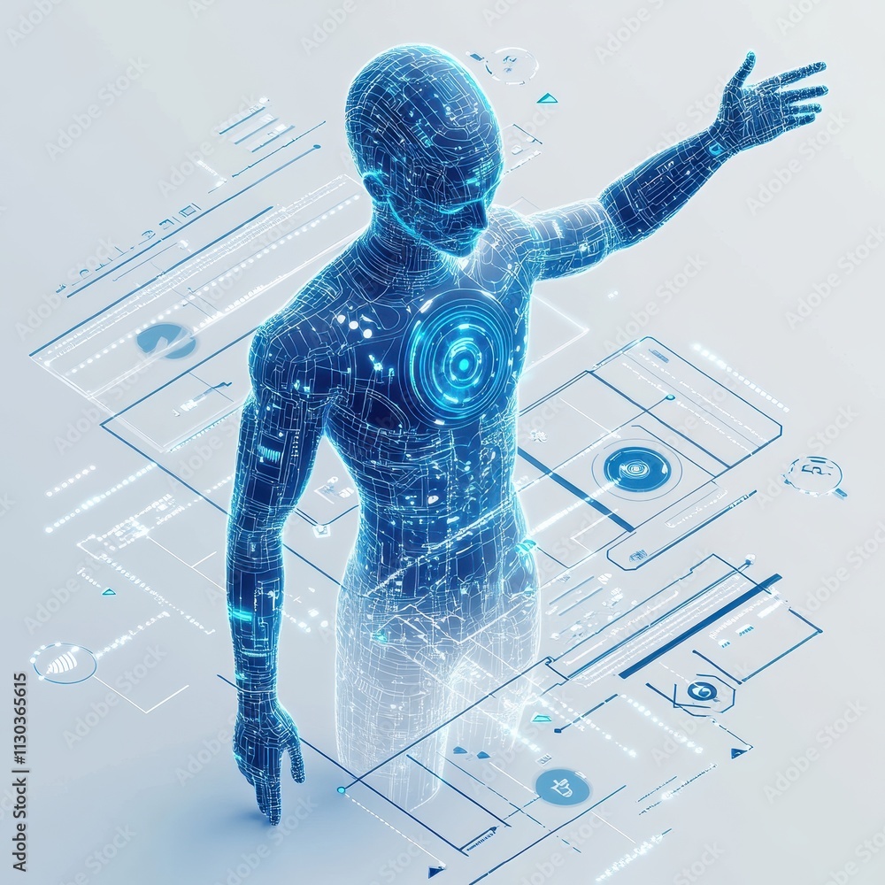 Poster biometric ai authentication concept image featuring a robot with outstretched arms and hands, repres