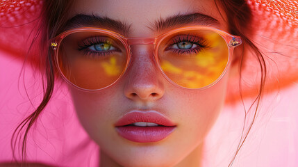 Fototapeta premium Bright summer portrait featuring a young woman with vibrant sunglasses and a large hat against a pink backdrop. Generative AI