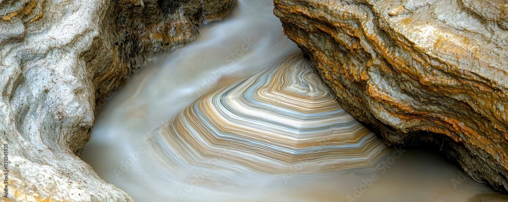 Poster a serene view of layered rock formations partially submerged in water, showcasing natural patterns a