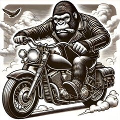 illustration of kingkong riding a motorbike