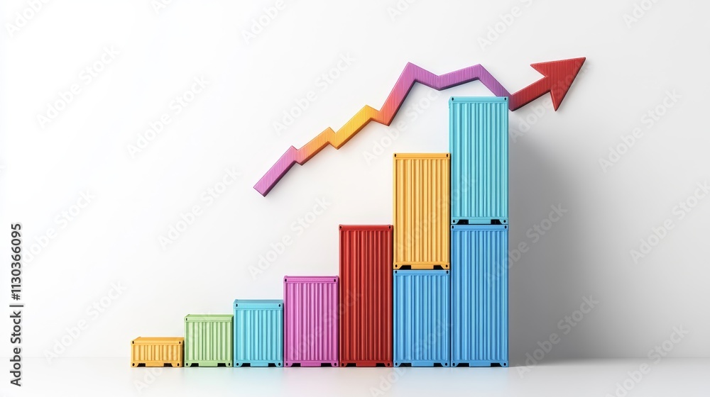 Poster colorful shipping containers with rising graph arrow representing growth and progress in logistics a