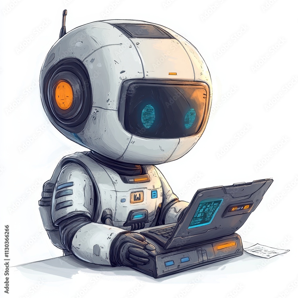 Aufkleber intelligent banking automation: robot using laptop on floor, advanced technology in finance, future 