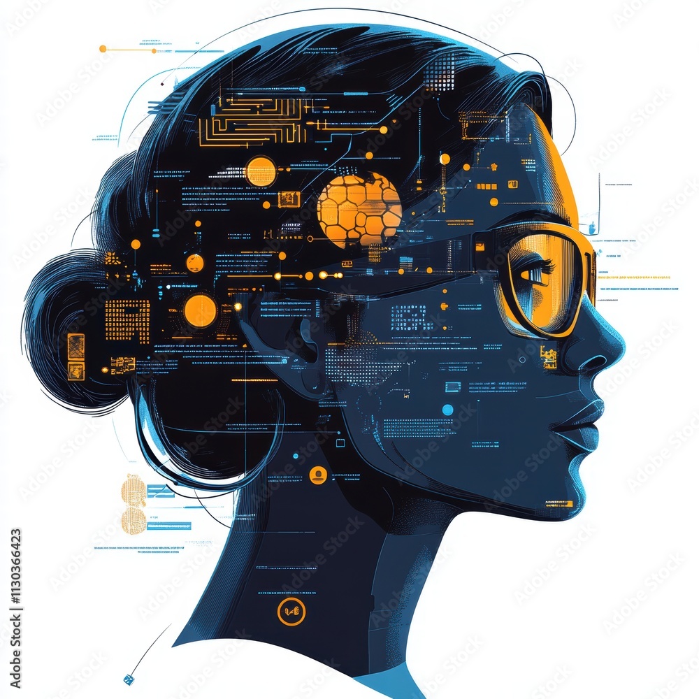 Poster natural language processing in banking: a woman's head with circuit background representing ai innov