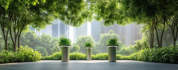 Fototapeta premium Sunlit Urban Park Featuring Air Purifying Devices for a Cleaner, Greener Environment
