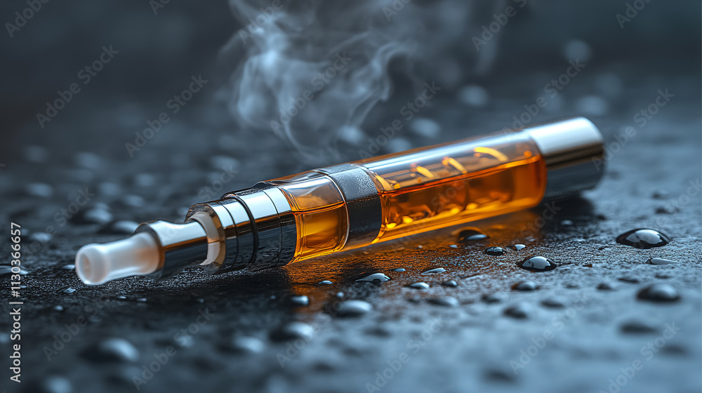 Poster close-up of a vaping device with orange liquid and smoke on a wet surface during a dimly lit room se