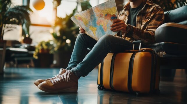 A traveler sitting next to a suitcase in an airport lounge, with a map and coffee cup in hand, planning their next journey