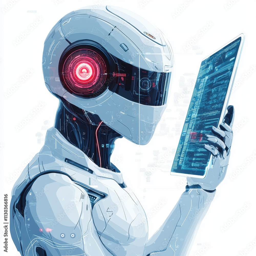 Aufkleber real-time fraud detection ai innovative robot technology holding tablet with red light, showcasing a