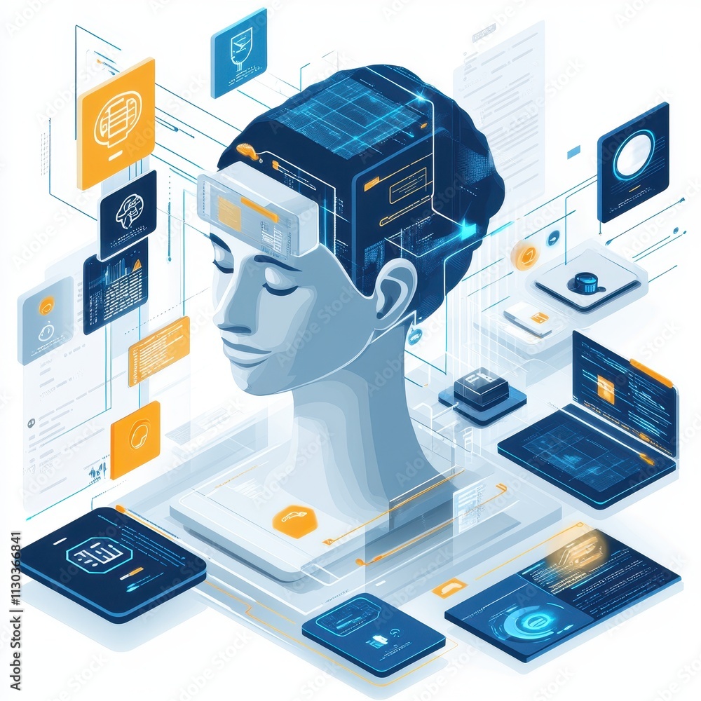 Poster real-time fraud detection ai technology visualization with a male face and futuristic interface, hig