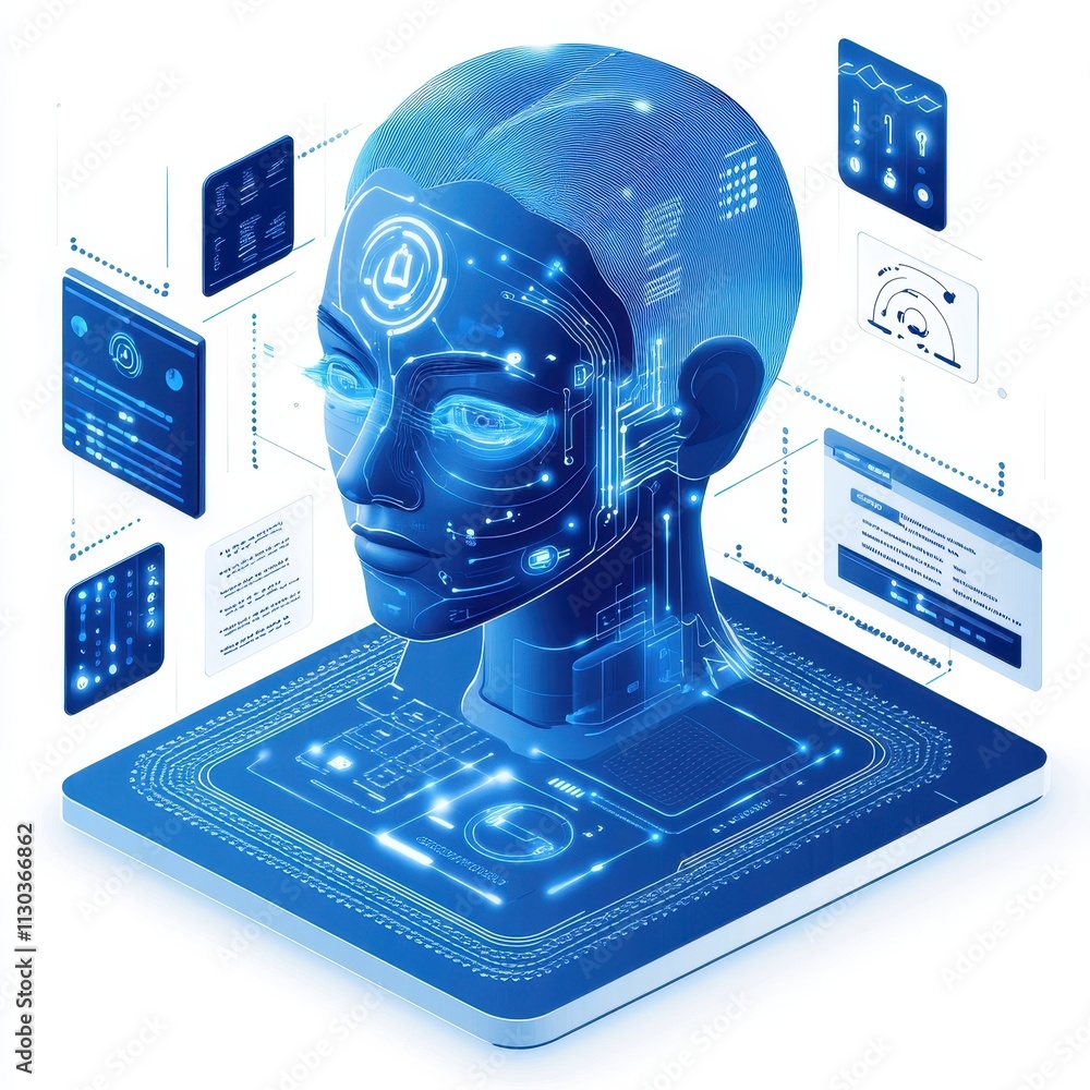Poster revolutionary real-time fraud detection ai with robot head, circuitry, and electronic devices showca