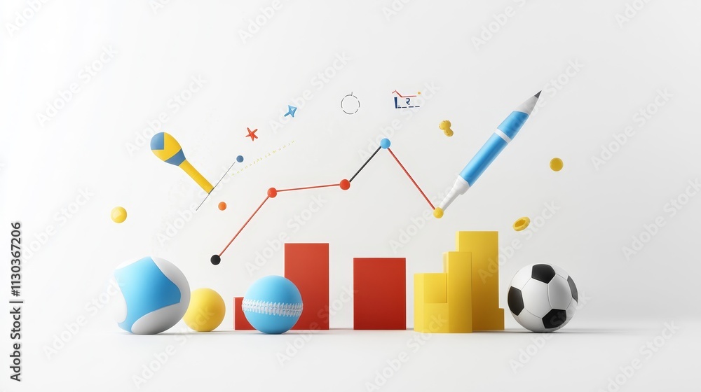 Poster creative illustration of sports equipment and chart symbols representing data analysis and performan