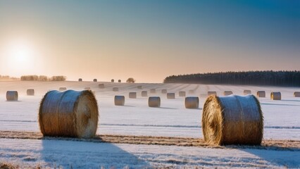 Obraz premium Scenic Winter Landscape with Hay Bales in Snowy Field at Sunset