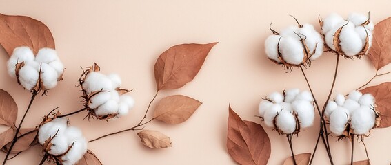 Beautiful Cotton Flowers with Brown Leaves on Beige Background for Floral Design