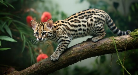 Majestic ocelot in jungle setting with lush greenery and red blossoms