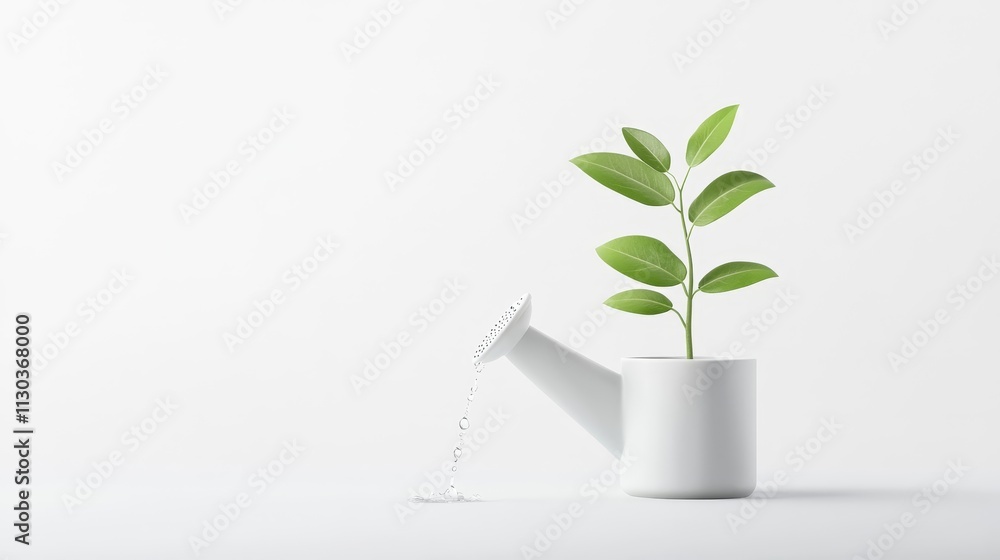 Poster minimalist white watering can with fresh green plant sprouting from it on a clean background creatin
