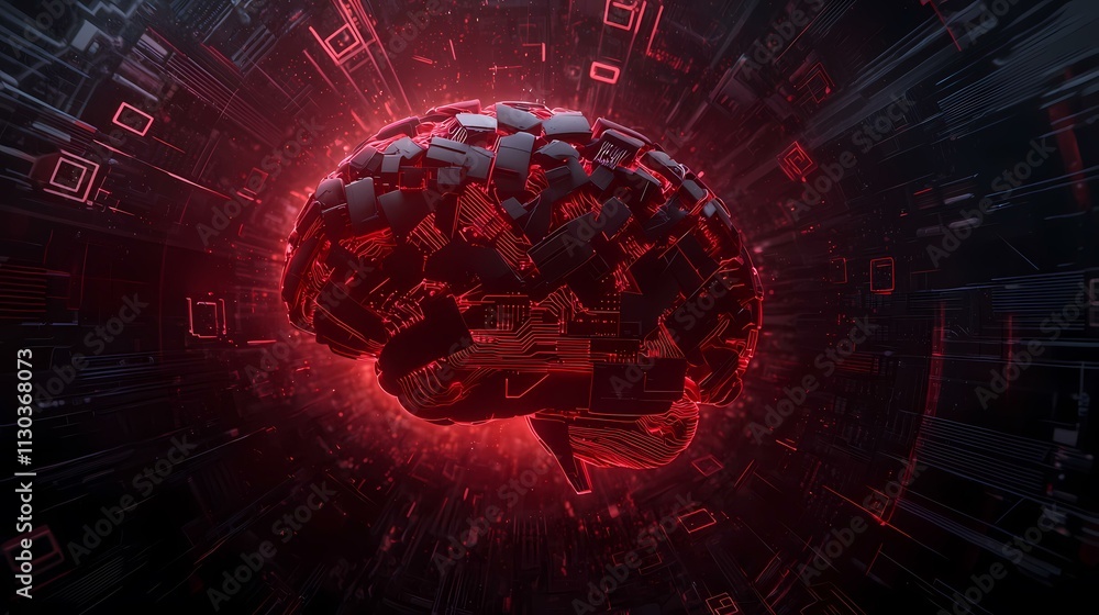 Poster a digital rendering of a fragmented, circuit-board brain glows red against a backdrop of dark, abstr