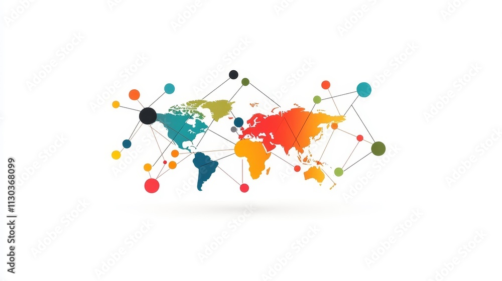 Poster colorful global connectivity concept with world map and network connections representing technology,