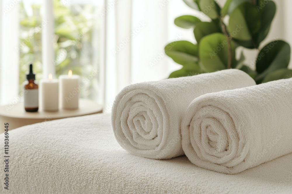 Poster rolled towels inviting relaxation on massage table in spa setting