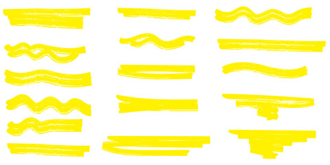 Creative vector illustration of stain strokes, hand-drawn yellow highlight Japan marker lines, brush stripes isolated on a background