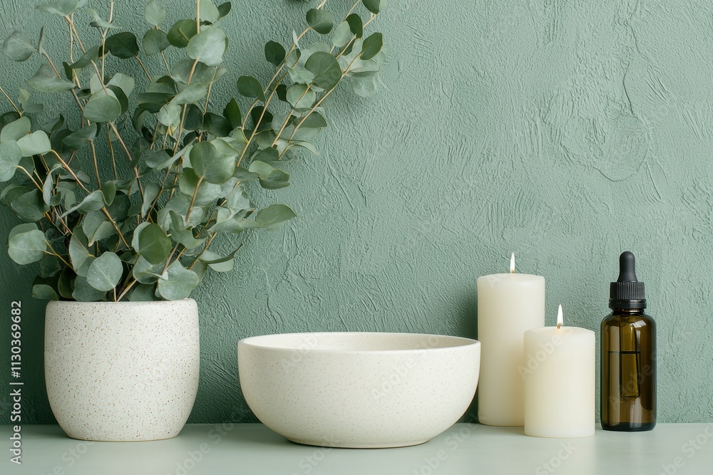 Poster eucalyptus branches, candles, and essential oils creating a relaxing spa setup