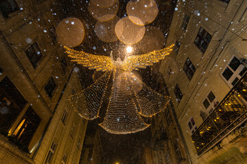Christmas lighted decoration of angel on Lviv street