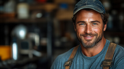 Obraz premium Craftsmanship shines through a smiling worker in a workshop setting with tools and machines in the background. Generative AI