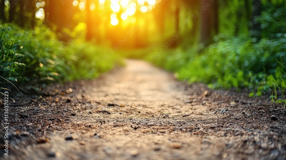 Poster Forest path with sunlight filtering through trees at sunset creating serene scenery